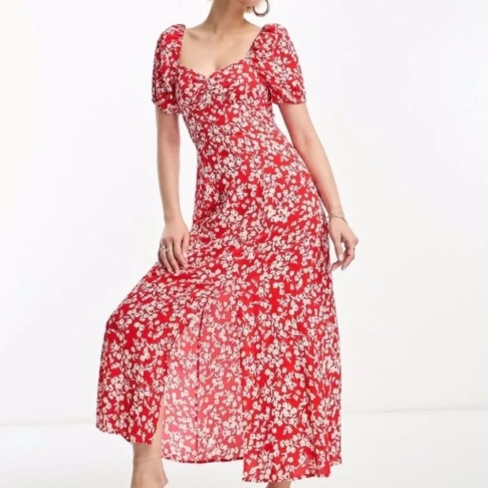 NEW & Other Stories Red Floral Sweetheart Neck Puff Sleeve Midi Dress Size 4